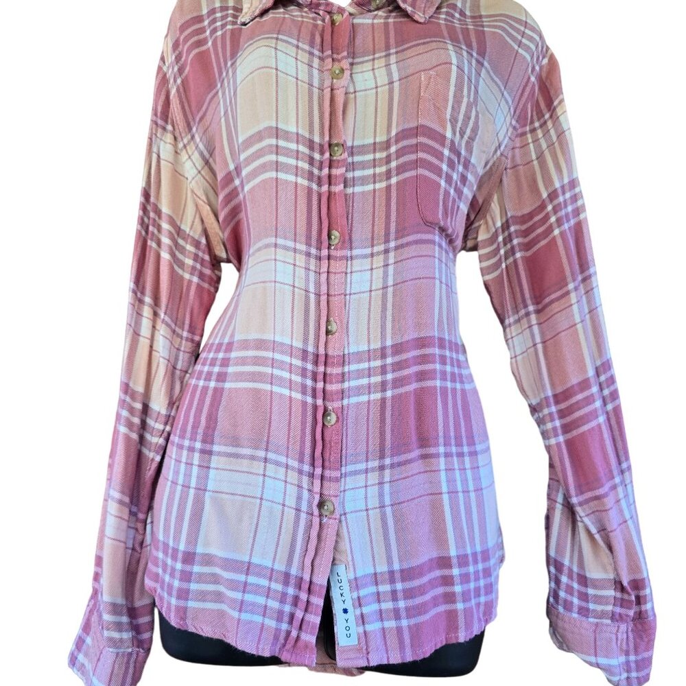 Lucky Brand Womens Pink Plaid‎ Long Sleeve Button-Up Shirt Size L